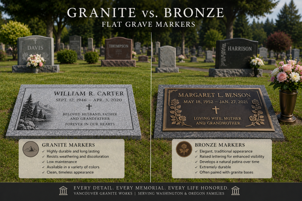 Granite and bronze flat grave markers comparison for Vancouver Granite Works memorials.