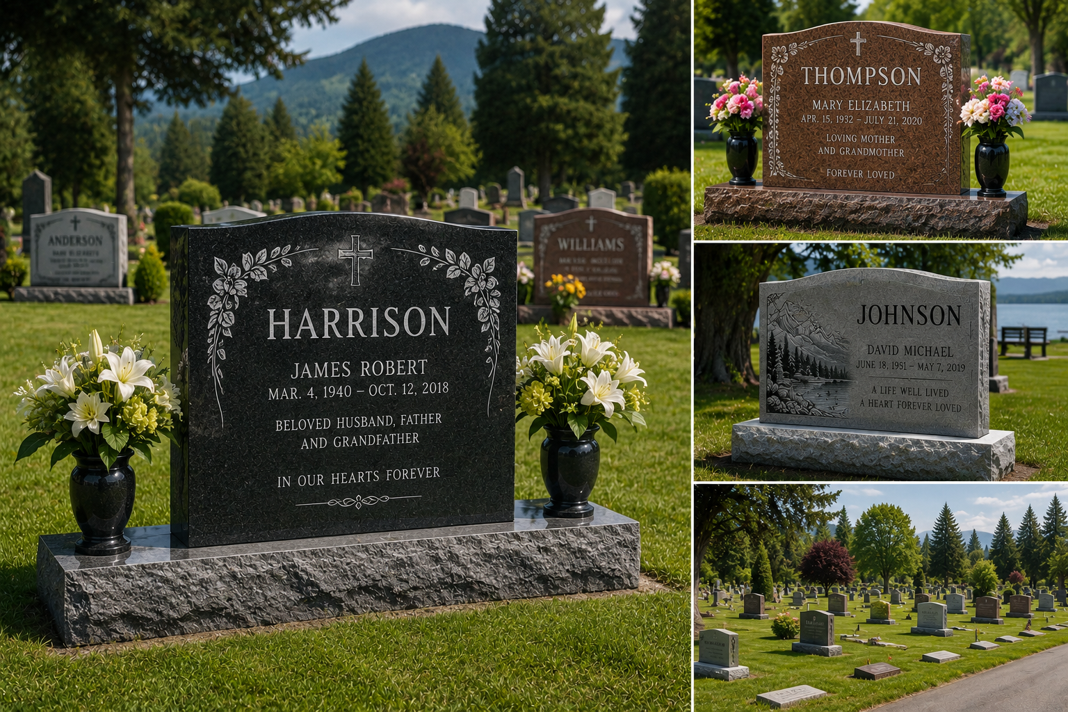 Upright cemetery headstones and memorials in a peaceful setting, personalized granite monuments with floral arrangements.