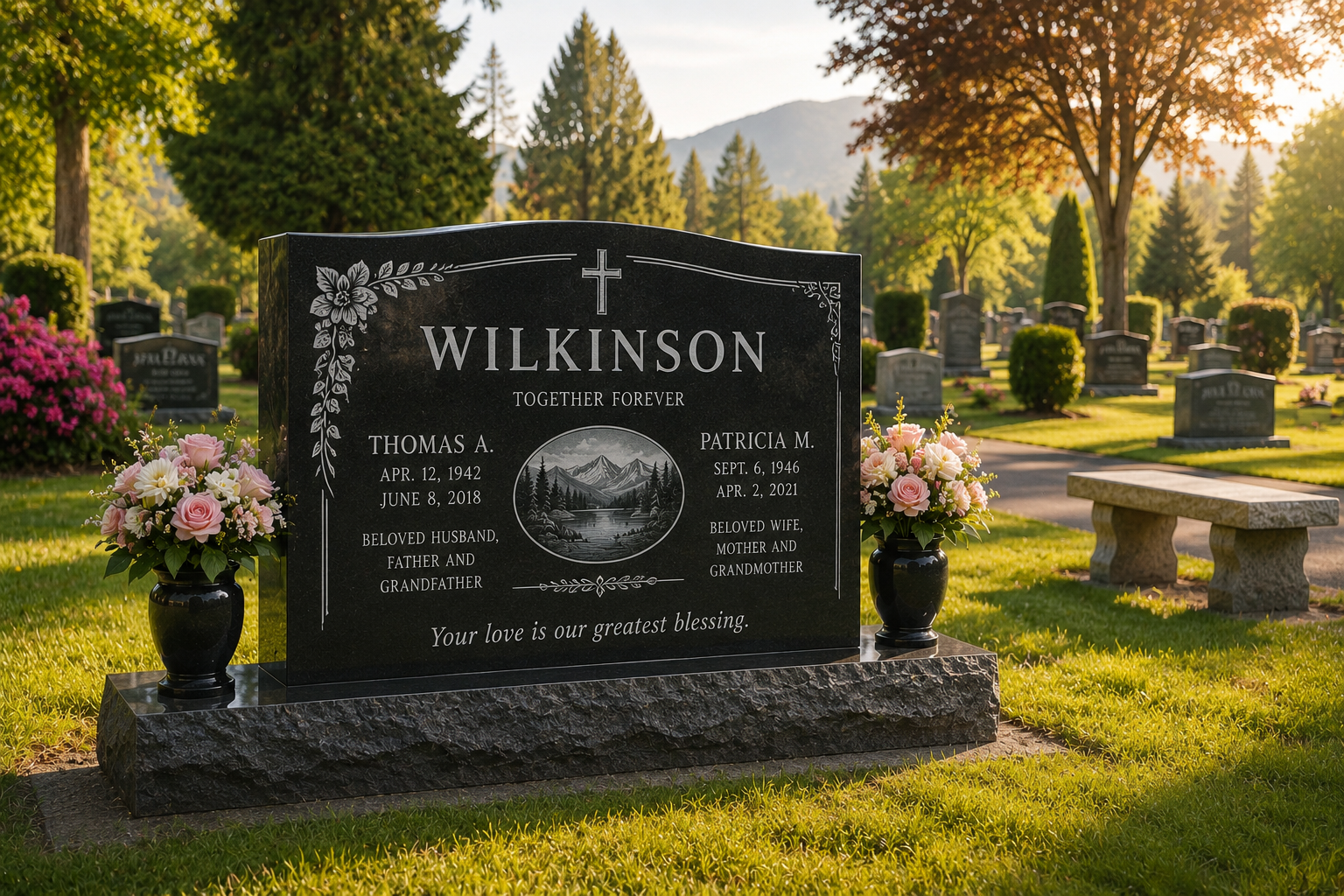 Upright cemetery headstone memorial with floral arrangements and family names, Vancouver Granite Works.